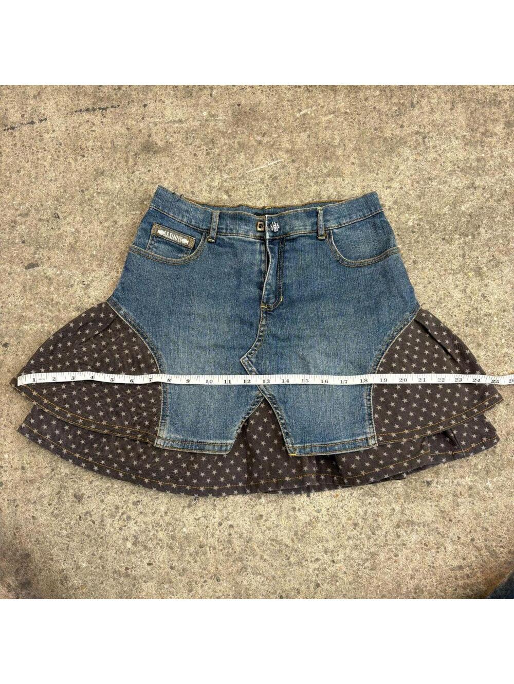Vintage Y2K Denim Micro Mini Skirt Low Rise Faded Star Ruffle - Picture 3 of 5